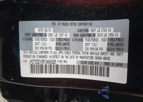 2015 Mazda Cx-9 Grand Touring из США, поврежденный, VIN JM3TB3DV6F0464926